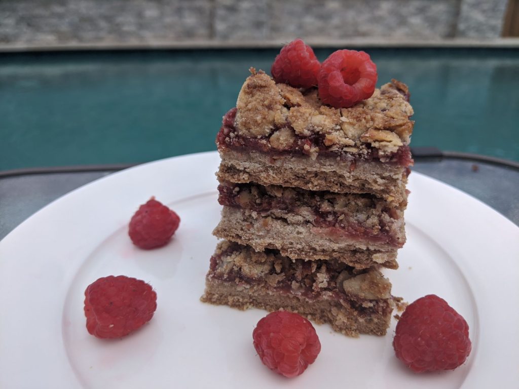 Raspberry bars made with Metta Gluten Free Flour