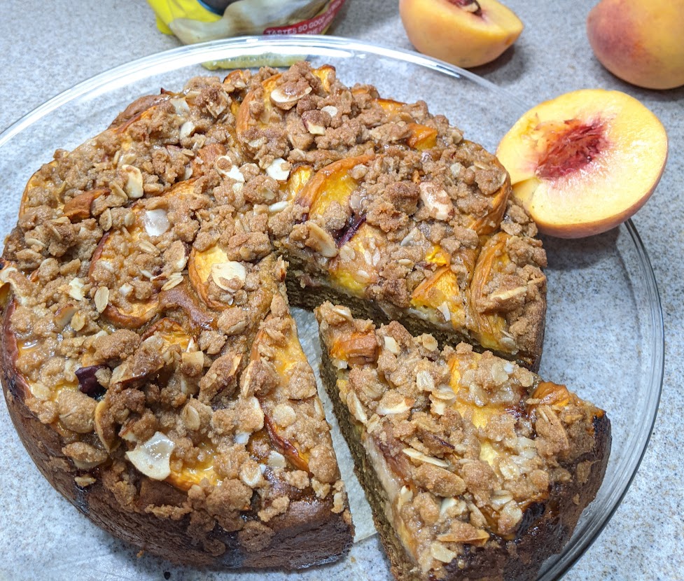 Peach Crumb Cake made with Metta Gluten Free Flour